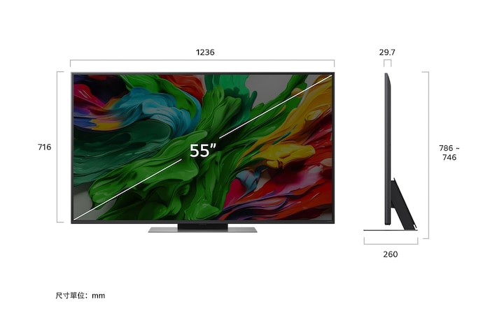 LG QNED evo AI QNED86 4K 智能電視的正視圖和側視圖，顯示其長度、寬度、高度和厚度。