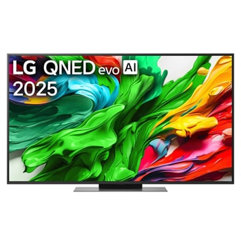 LG QNED evo QNED86 電視的正視圖，上方角落顯示 LG QNED evo Al 標誌。LG QNED evo QNED86 電視顯示色彩繽紛的油漆質感匯聚在一起。