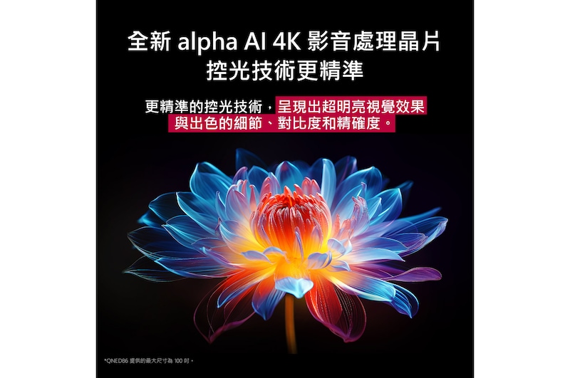 色彩繽紛且色調豐富的 3D 全像花朵放置在深色背景中。花朵的清晰度和細節展示出 QNED MiniLED 能夠呈現具有出眾色彩、亮度和對比度的視覺效果。標題說明 MiniLED 如何增強清晰度並呈現卓越對比度。