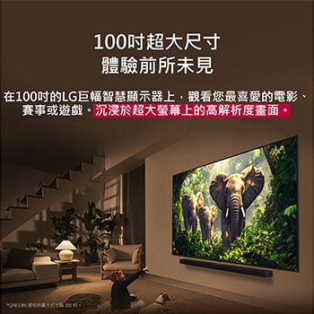 一名女孩和一隻狗坐在安裝於牆上的 LG QNED TV 前面，電視畫面顯示三隻大象向外走出，下方有一個 LG Soundbar。標題說明巨大的螢幕上每個動作都更加震撼人心。