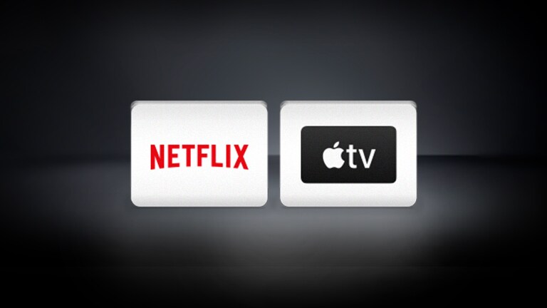 Netflix 標誌、Apple TV 標誌在黑色背景下水平排列。