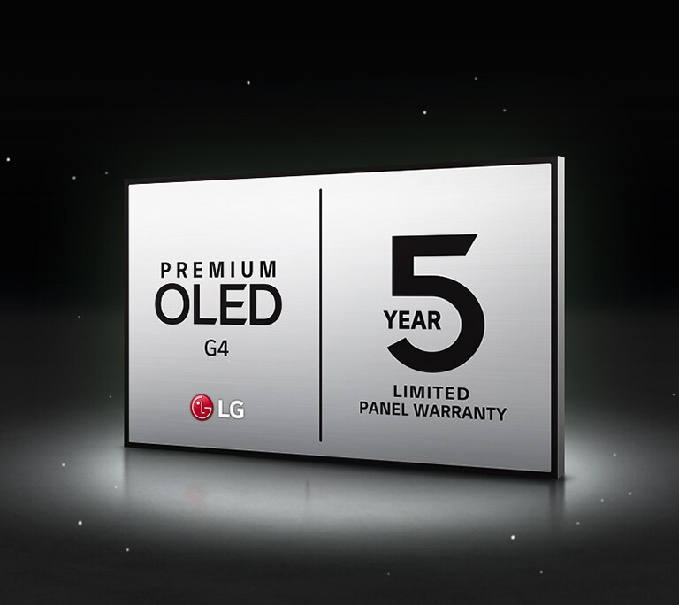 LG OLED Care+ 技術和五年面板保固標誌以黑色背景映襯。
