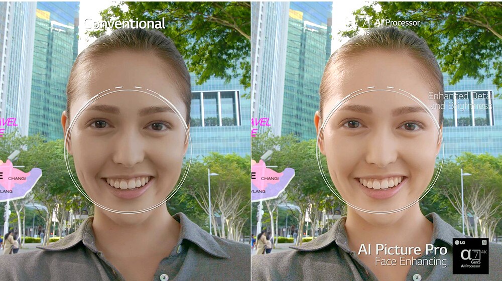 左邊和右邊都有女人的臉部特寫。左邊的影像看起來更陰暗、更不清晰，而右邊的影像看起來更明亮、更清晰。