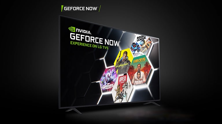 在兩台獨立的 LG UHD 電視上顯示 GEFORCE NOW的圖片，其中包含節目和遊戲。