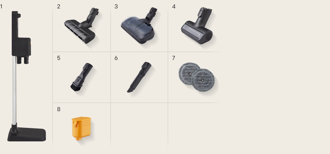 LG a9k-legend3 吸塵器隨附配件:各種吸頭、工具、濕拖布、伸縮管和一顆電池。