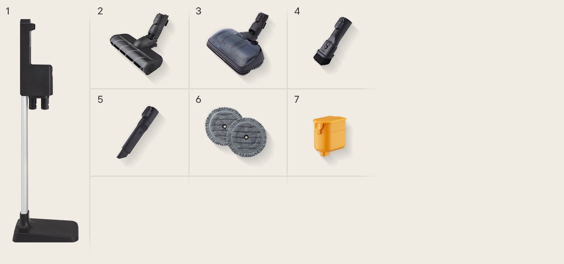 LG a9k-comop3 吸塵器隨附配件:各種吸頭、工具、濕拖布、伸縮管和一顆電池。