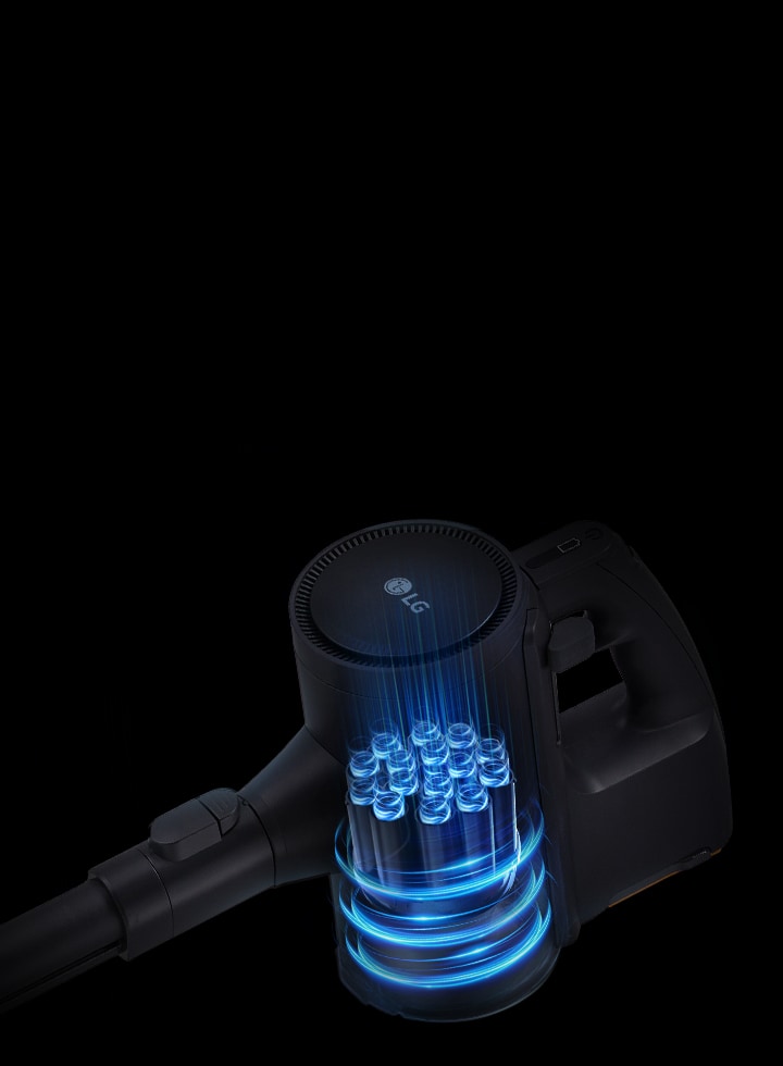 LG a9k-legend3 吸塵器的多氣旋系統特寫，以藍色氣流顯示，突顯強大的過濾效果。