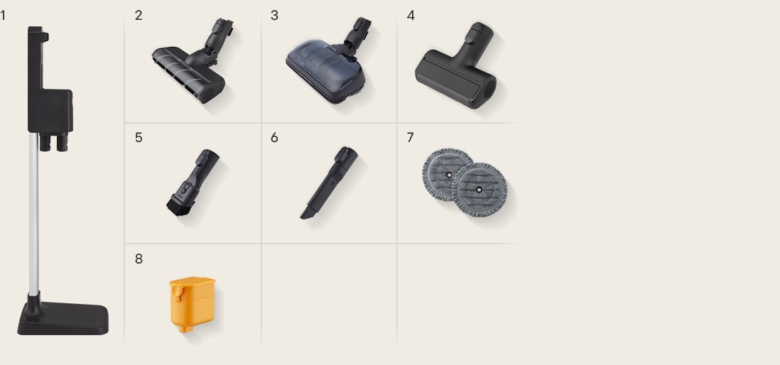 LG a9k-mop3 吸塵器隨附配件：各種吸頭、工具、濕拖布、伸縮管和一顆電池。