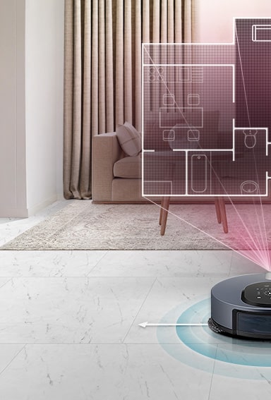 The LG CordZero ThinQ™ M9 is in the center of the picture on the floor of a living room with a couch, tv, table, and rug in the background. A label reading "View Sensor" is on the left and a red light eminates from the machine to create a floor plan showing with the view sensor sees as it works.