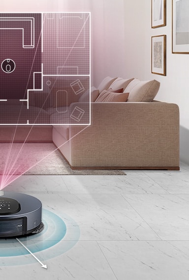 The LG CordZero ThinQ™ M9 is in the center of the picture on the floor of a living room with a couch, tv, table, and rug in the background. A label reading "Distance Sensor" is on the right and a blue light eminates beneath the machine as it notices the distance to locations and the route it should take. There are line arrows that show how the machine can move.