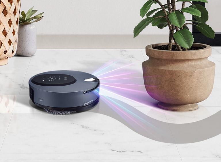 Two icons at the top indicate there are two images to see. The left icon labeled "Laser Sensor" is red as it shows an image below with the machine on the left. Red and blue laser lights come out of the front of the machine and an arrow is drawn on the floor that curves around a potted plant in the machine's path.