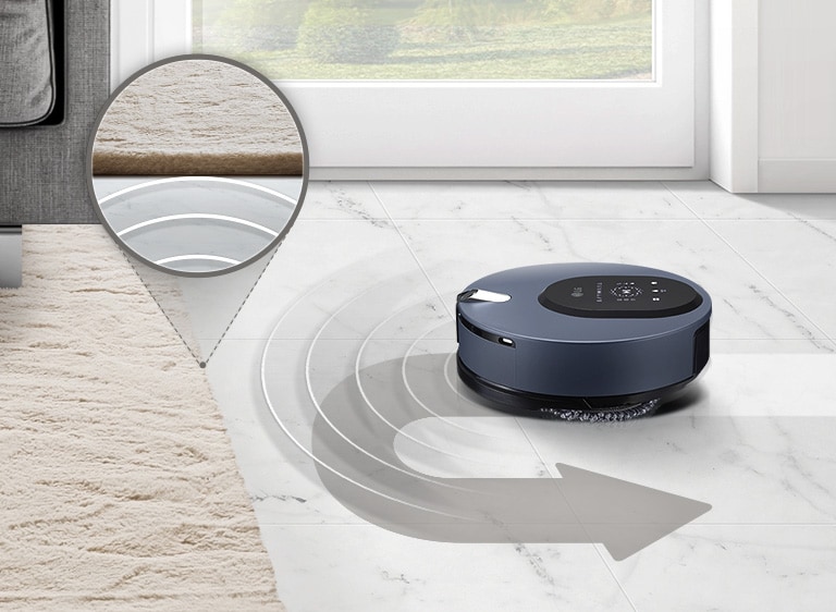 Two icons at the top indicate there are two images to see. The right icon labeled "Bumper Sensor" is red as it shows an image of the machine on the right going toward a rug. Half circles eminate from the machine and a u-turn arrow is drawn on the floor to reflect the path the machine will take. A zoomed in circle shows the point where the lasers meet the rug on the floor.