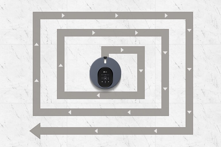 The third image in a carousel of images shows the machine from above and an arrow out the front indicates the path the machine will take. The ''Spiral Spot Mode'' which is a path where the machine starts in the center and makes gradually larger and larger squares out.