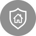 Three icons at the top indicate a carousel of images. The second, labelled HomeGuard, is red. There are two images: the left image shows a man looking down at his phone. The second image is a view of the phone screen that shows a view of the living room where there was movement. An icon in the center shows a house inside of a shield to represent safety.