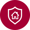 Three icons at the top indicate a carousel of images. The second, labelled HomeGuard, is red. There are two images: the left image shows a man looking down at his phone. The second image is a view of the phone screen that shows a view of the living room where there was movement. An icon in the center shows a house inside of a shield to represent safety.