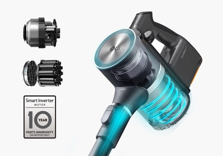 圖片示意智慧變頻馬達和軸向渦輪氣旋技術運作狀況。此外以透明呈現智慧變頻馬達安裝於吸塵器機身的狀態。