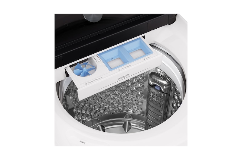 直立式洗衣機的機蓋關閉過程，展現平滑緩慢的關蓋設計。