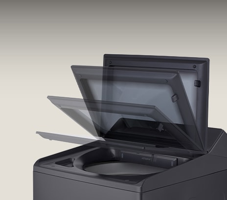 洗衣機蓋關閉的過程圖示,展現平滑緩慢的關蓋設計。