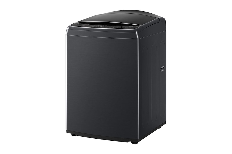 LG top load washing machine detecting the shirts in a space with a sink and laundry supplies