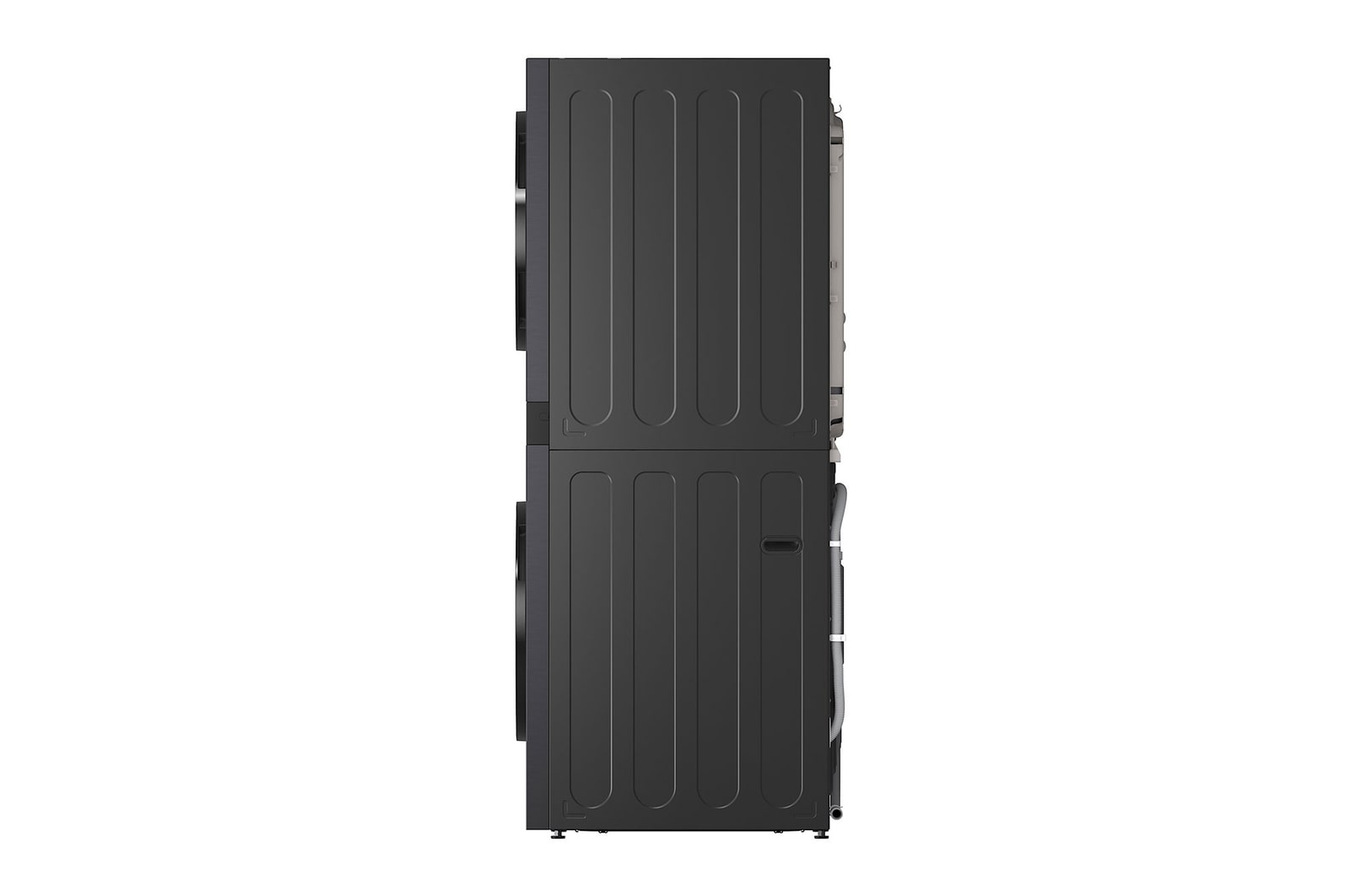 LG WashTower WD-S1818EB  右側視圖，洗衣機和乾衣機機門開啟。