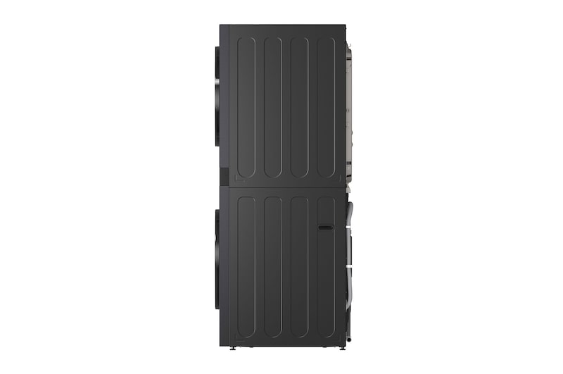LG WashTower WD-S1818EB  右側視圖，洗衣機和乾衣機機門開啟。
