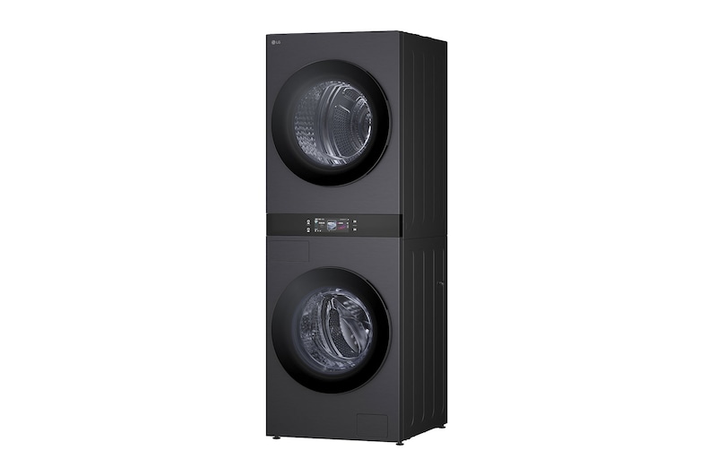 精巧洗衣空間中的 LG WashTower WD-S1818EB，突顯節省空間的設計和大容量洗衣能力。