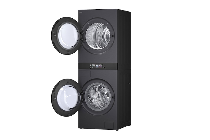 LG WashTower WD-S1818EB 搭配 120 分鐘行程圖示,突顯快速洗衣和乾衣效能。