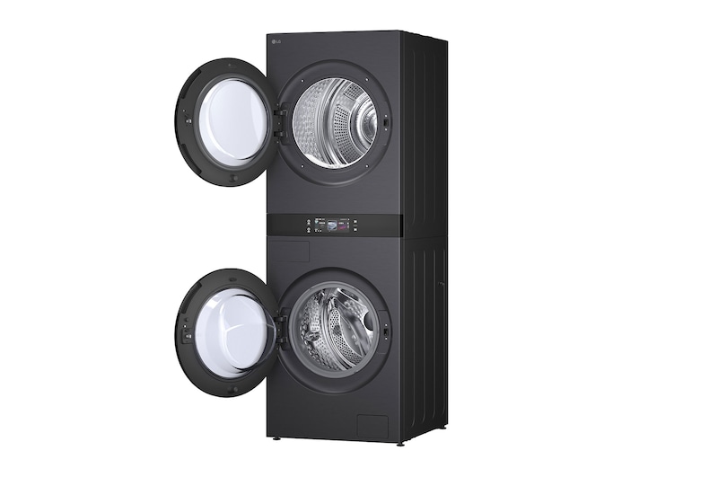 LG WashTower WD-S1818EB 搭配 120 分鐘行程圖示，突顯快速洗衣和乾衣效能。