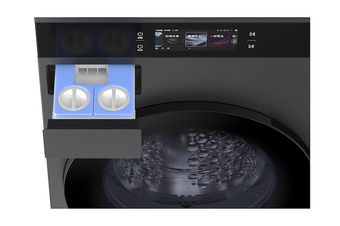 LG WashTower WD-S1818EB 自動洗滌劑容器拉出時的側面視圖。
