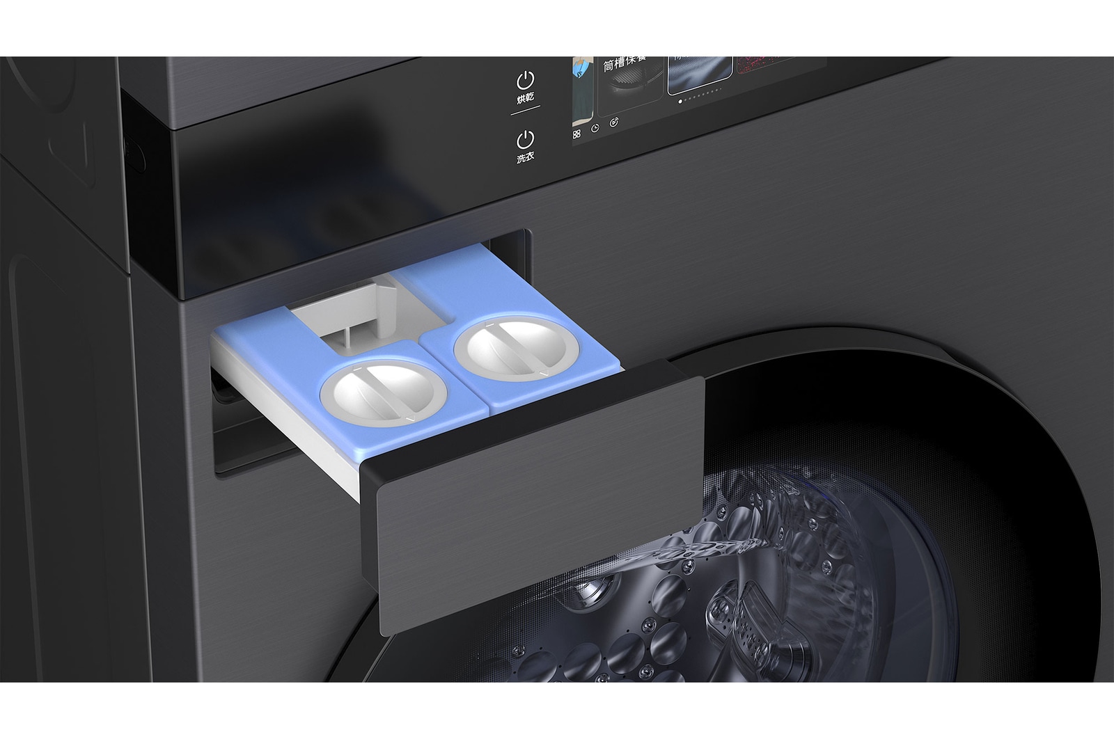 LG WashTower WD-S1818EB 中央控制面板正視圖，整合螢幕和觸控控制功能。