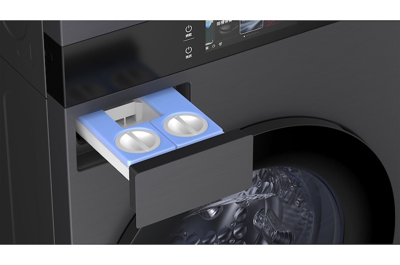 LG WashTower WD-S1818EB 中央控制面板正視圖，整合螢幕和觸控控制功能。