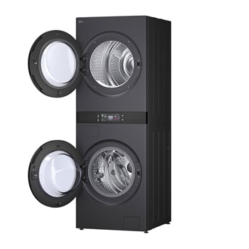 LG WashTower WD-S1818EB 搭配 120 分鐘行程圖示，突顯快速洗衣和乾衣效能。