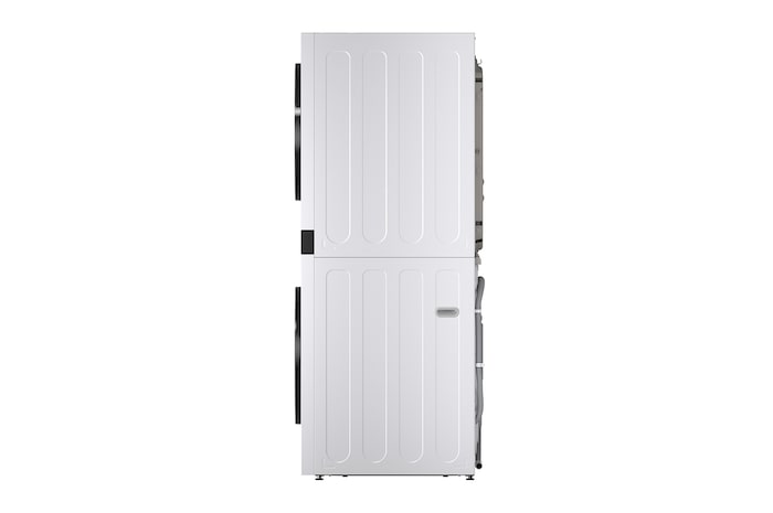 LG WashTower WD-S1818EW 右側視圖,洗衣機和乾衣機機門開啟。