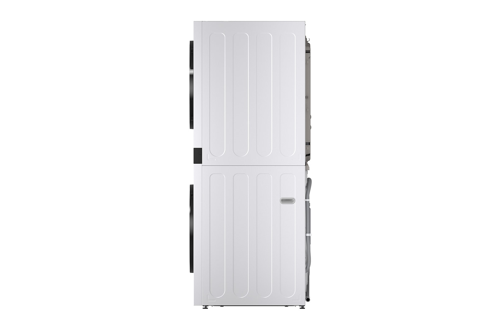 LG WashTower WD-S1818EW 右側視圖，洗衣機和乾衣機機門開啟。