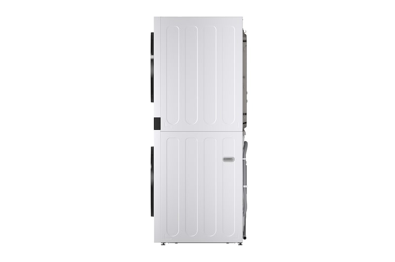 LG WashTower WD-S1818EW 右側視圖，洗衣機和乾衣機機門開啟。