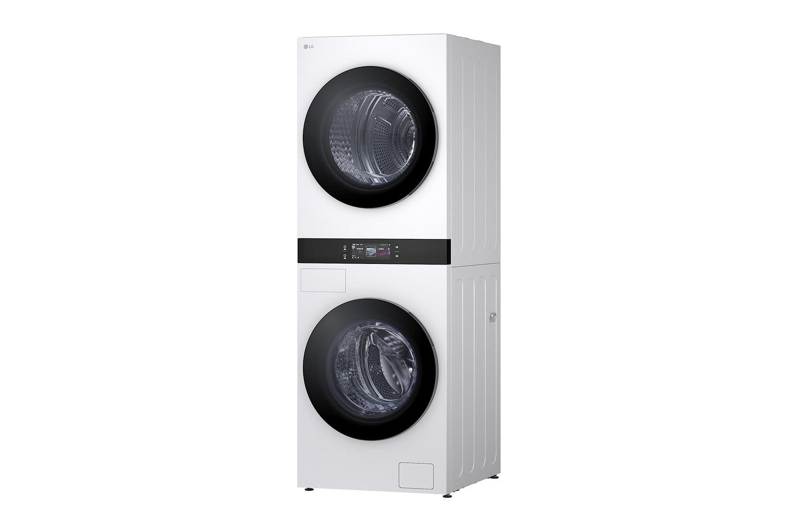 精巧洗衣空間中的 LG WashTower WD-S1818EW，突顯節省空間的設計和大容量洗衣能力。
