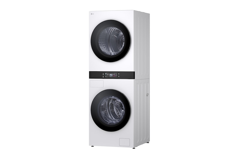 精巧洗衣空間中的 LG WashTower WD-S1818EW，突顯節省空間的設計和大容量洗衣能力。