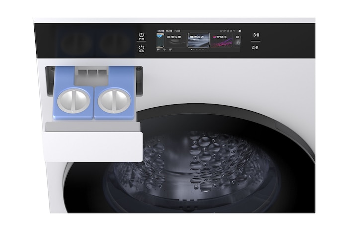 LG WashTower WD-S1818EW 自動洗滌劑容器拉出時的側面視圖。