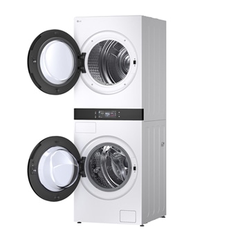 LG WashTower WD-S1818EW 搭配 120 分鐘行程圖示，突顯快速洗衣和乾衣效能。