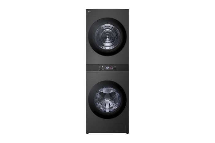 LG WashTower WD-S1818PB 正視圖，採黑色外觀的洗衣機和乾衣機堆疊式設計。