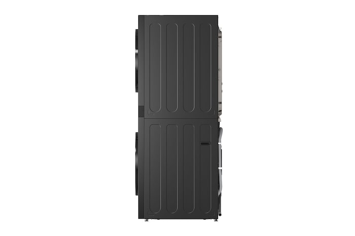LG WashTower W0W5DBPKZHD 右側視圖，洗衣機和乾衣機機門開啟。