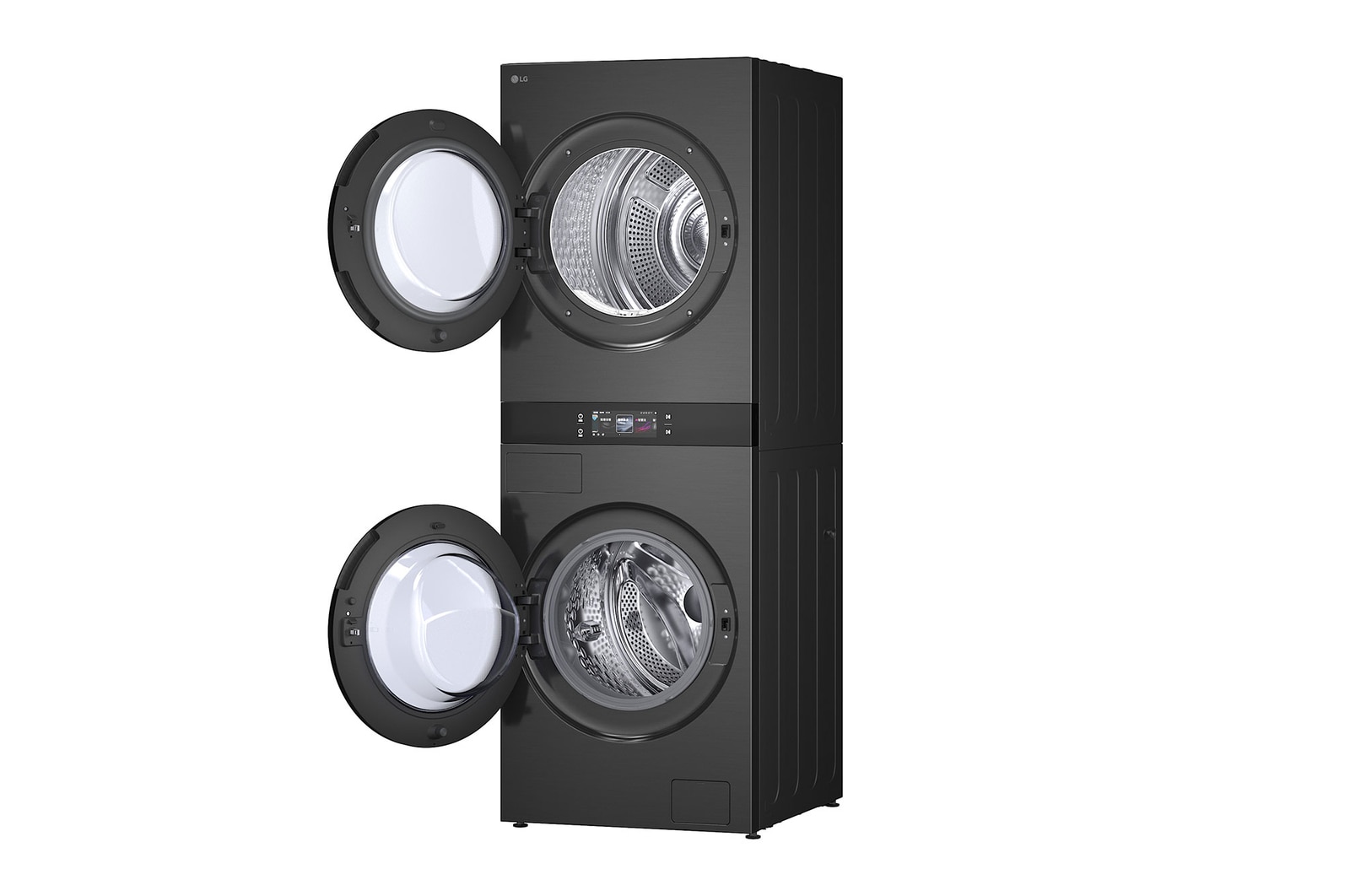 LG WashTower W0W5DBPKZHD 搭配 120 分鐘行程圖示，突顯快速洗衣和乾衣效能。