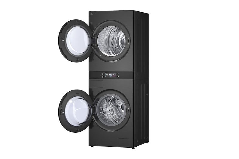 LG WashTower W0W5DBPKZHD 搭配 120 分鐘行程圖示，突顯快速洗衣和乾衣效能。