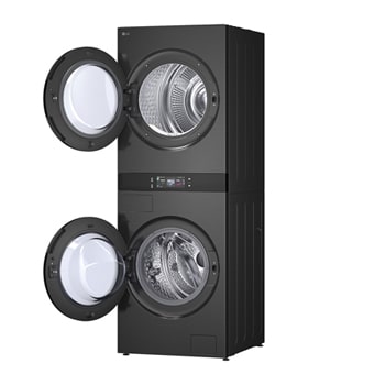 LG WashTower W0W5DBPKZHD 搭配 120 分鐘行程圖示，突顯快速洗衣和乾衣效能。