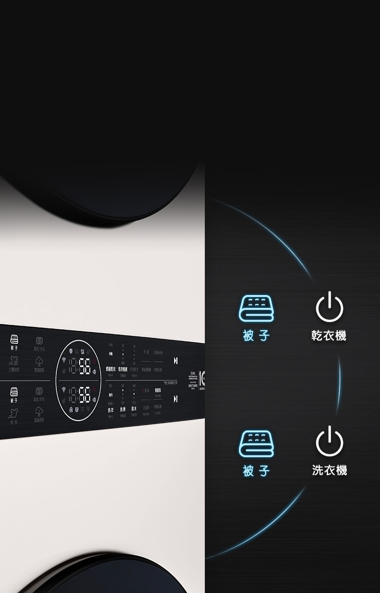 產品面板圖片。突出顯示乾衣機的棉被按鈕和洗衣機的棉被按鈕。