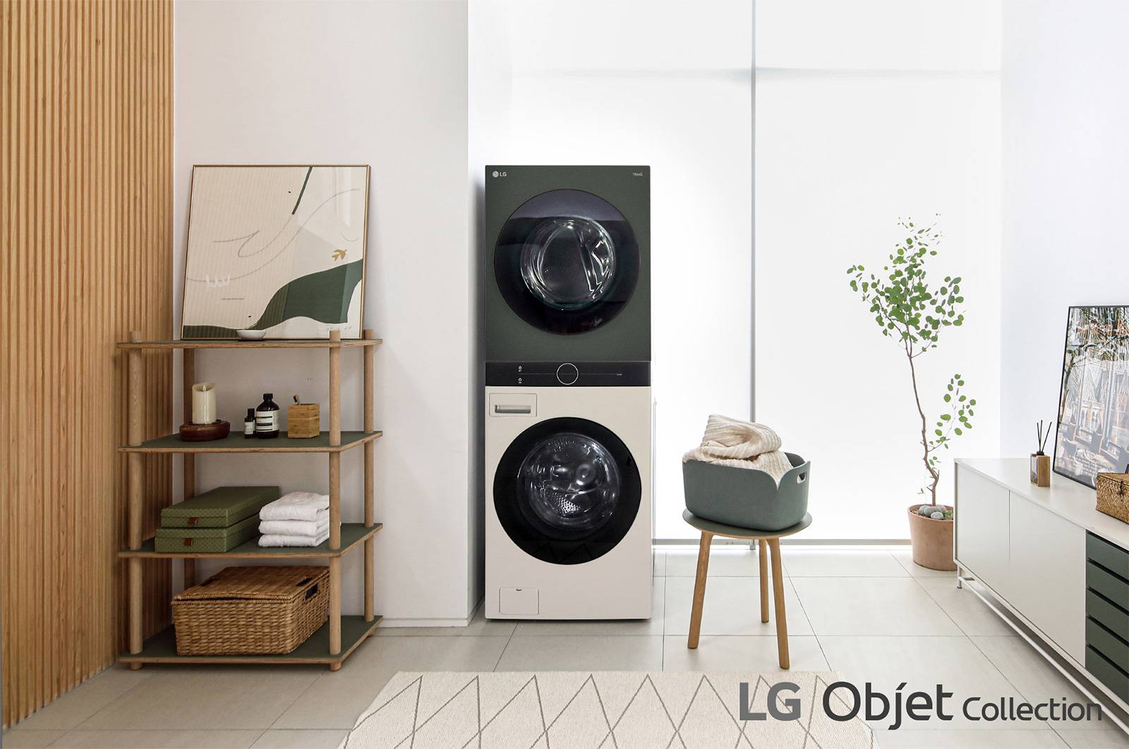 LG 洗19公斤+乾16公斤 Objet Collection WashTower™ AI 智控洗乾衣機｜自然綠+雪霧白, WD-S1916JGB