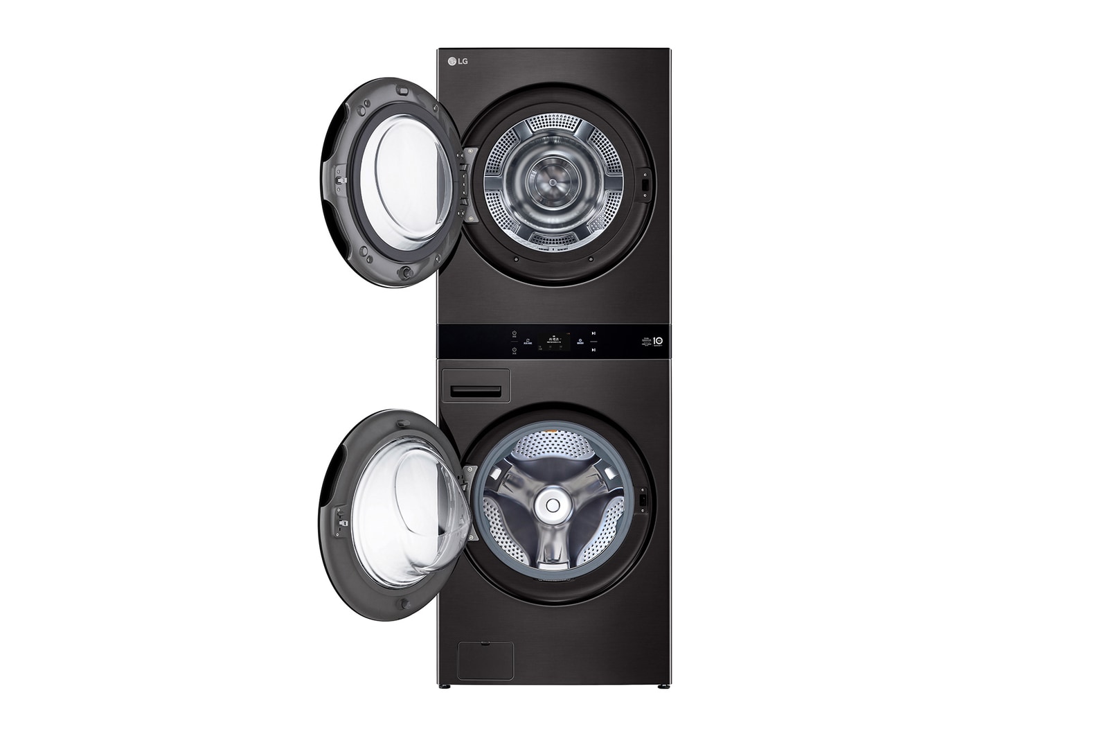 LG WashTower™ 打開狀態的前視圖