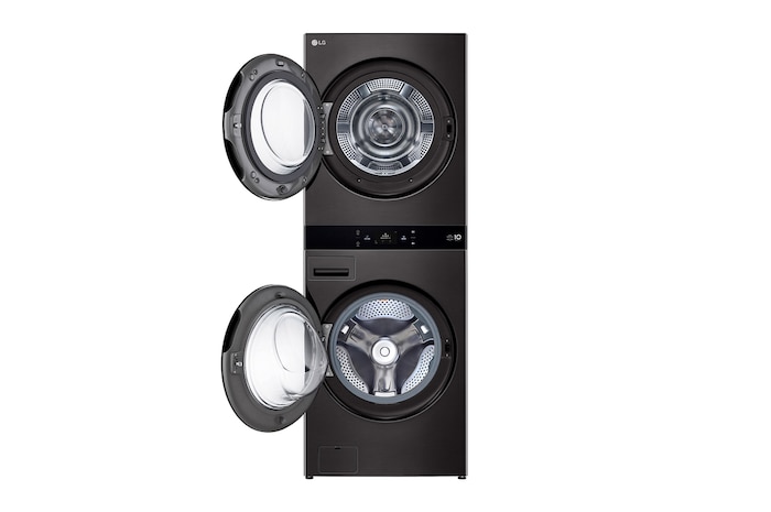 LG WashTower™ 打開狀態的前視圖