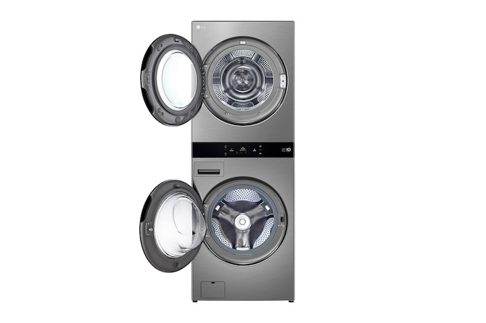 LG WashTower™ 打開狀態的前視圖