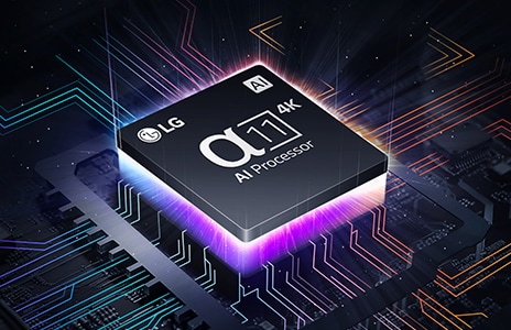 圖片展示 α11 AI 處理器 4K 位於主機板上，散發紫色和粉紅色光芒。	